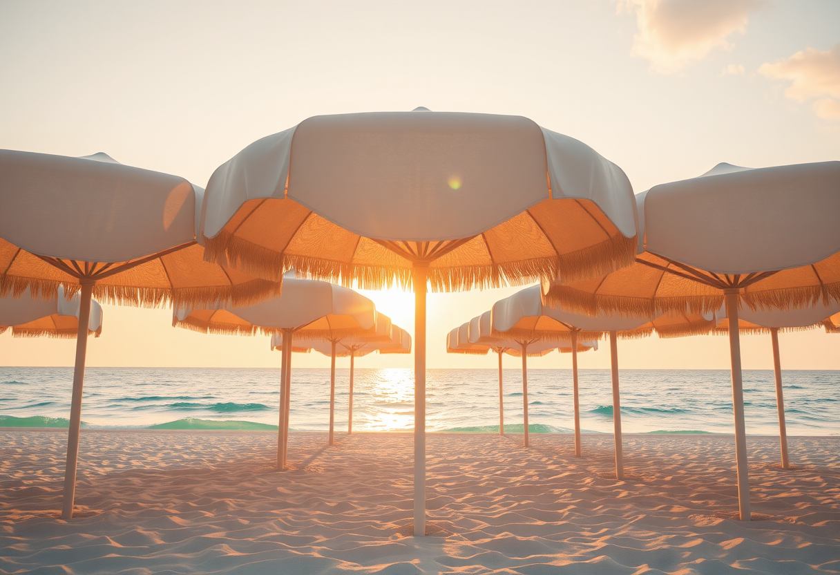 Elegant beach umbrellas on white sand at golden hour