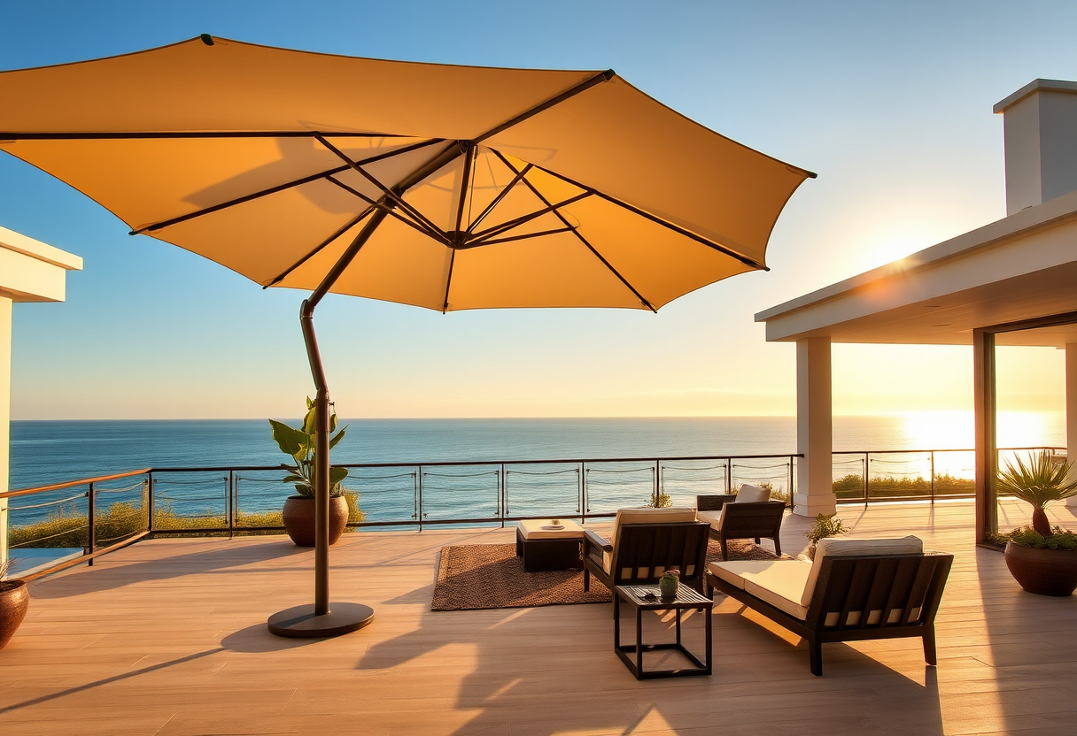Cantilever patio umbrella shading a coastal deck at sunset