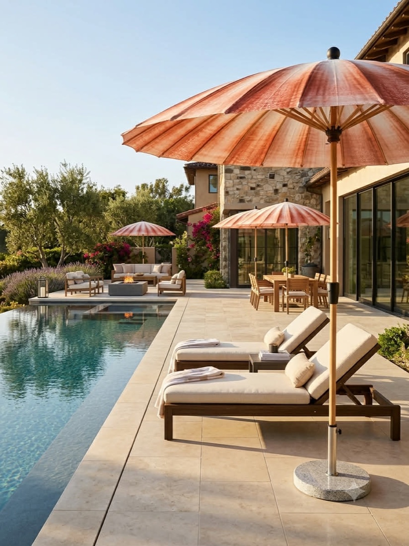 Coral scallop-shell parasols shading a poolside patio