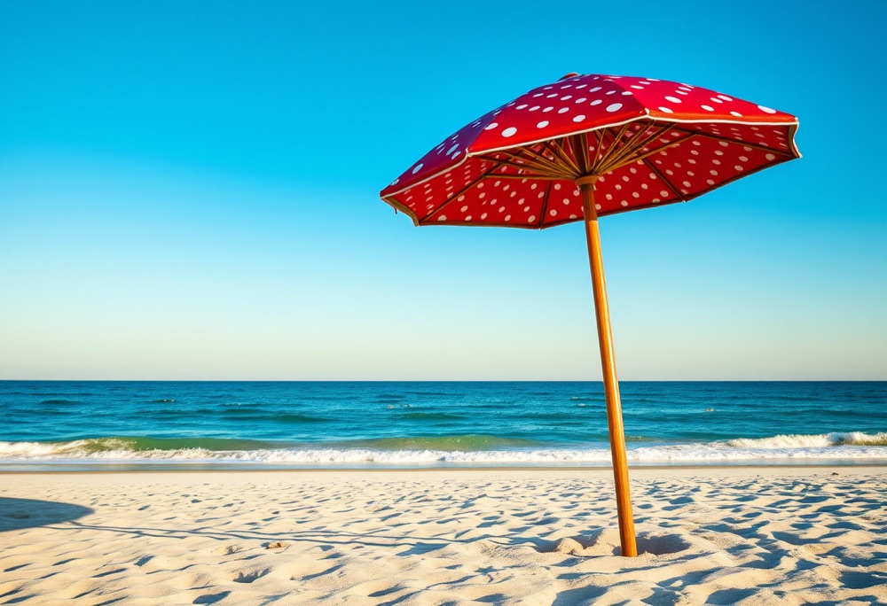 Red toadstool umbrella on a sunny beach