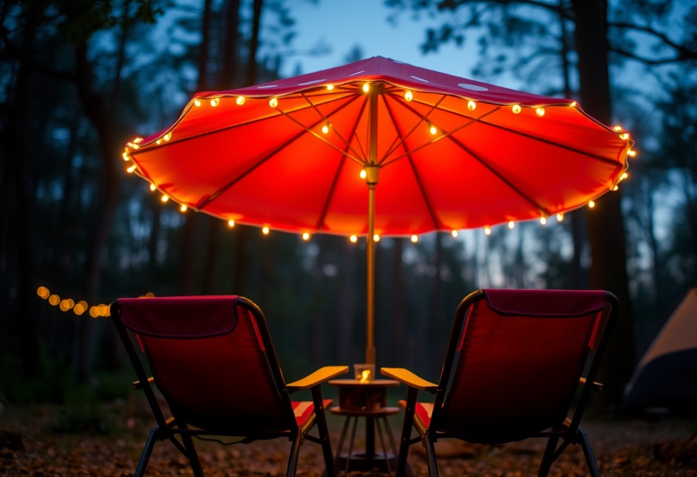 Toadstool umbrella with warm string lights at a campsite at dusk