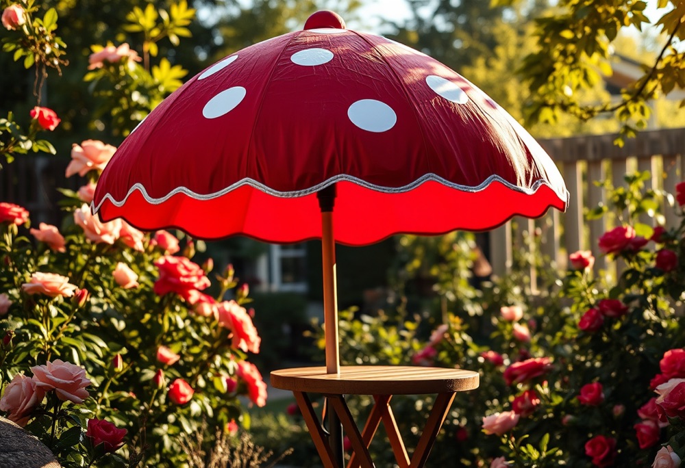 Red toadstool umbrella in a blooming rose garden